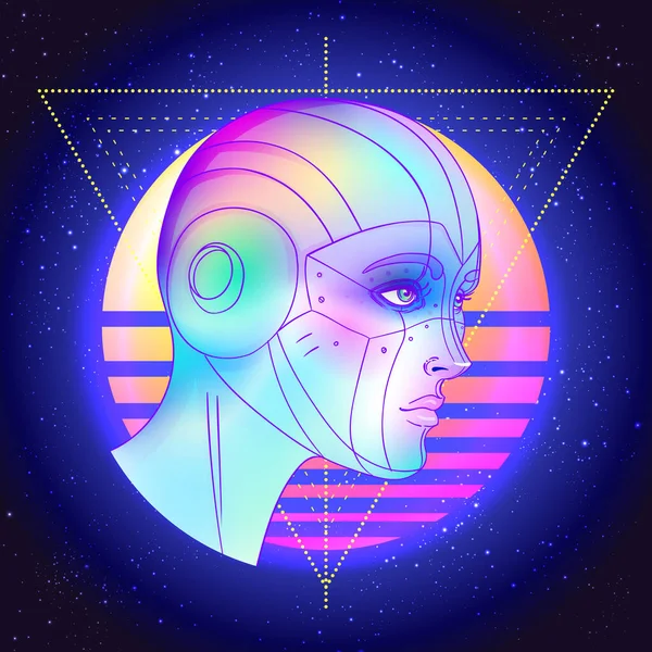 Retrato de robô android mulher no estilo retro futurismo. Ilustração vetorial. de um cyborg em cores brilhantes de néon brilhantes. modelo de panfleto de onda sintética futurista. — Vetor de Stock