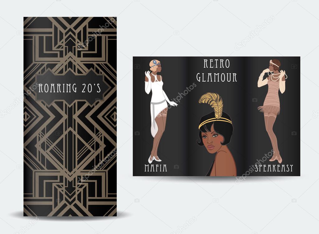 Retro fashion. glamour girl of twenties. African American woman. Vector illustration. Flapper 20s style. Vintage party invitation