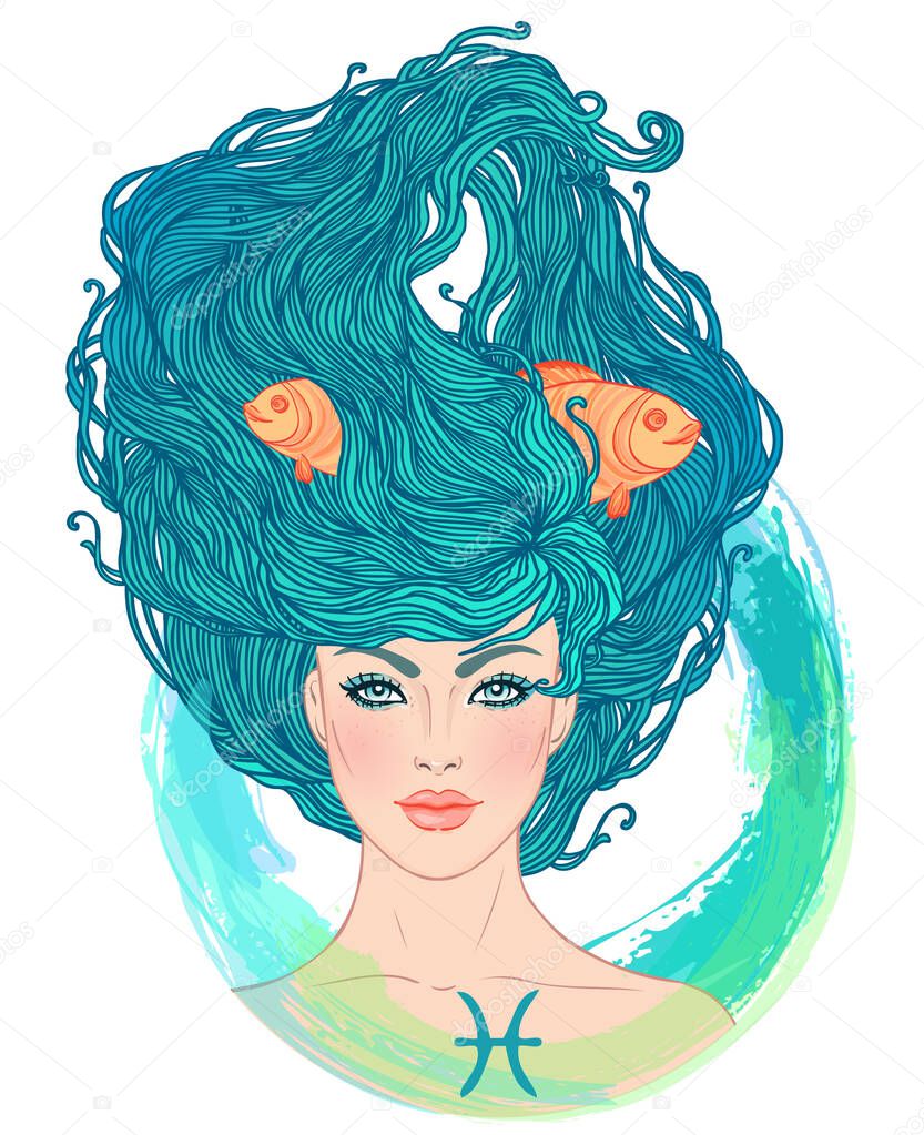 Illustration of Pisces astrological sign as a beautiful girl. Zodiac vector illustration isolated on white. Future telling, horoscope, fashion woman.