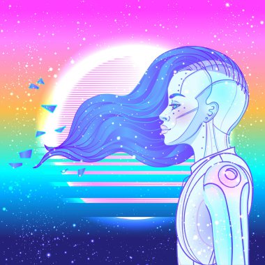 Robot android kadın portresi. Geçmişe dönük fütürizm tarzında. Vektör çizimi. Parlak neon renkli bir sayborgun resmi. Gelecekçi sentetik dalga el ilanı şablonu.