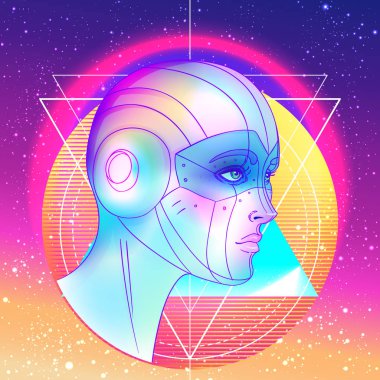 Robot android kadın portresi. Geçmişe dönük fütürizm tarzında. Vektör çizimi. Parlak neon renkli bir sayborgun. 