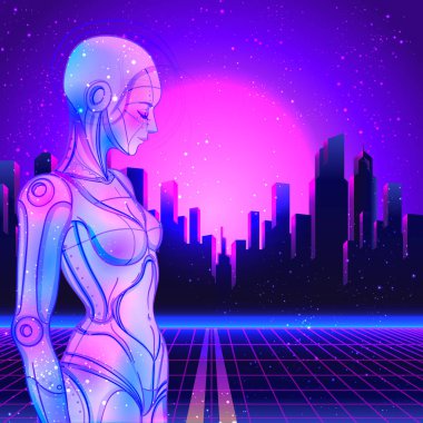 Robot android kadın portresi. Geçmişe dönük fütürizm tarzında. Vektör çizimi. Parlak neon renkli bir sayborgun resmi. Gelecekçi sentetik dalga el ilanı şablonu.