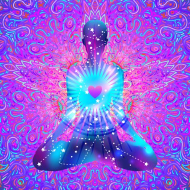 Buda renkli neon arkaplan üzerinde. Vektör çizimi. Psikedelik mantar bileşimi. Hint, Budizm, Ruhani Dövme, yoga, maneviyat. Etiket, yama, 60 'ların hippi renkli sanatı..