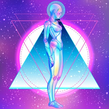 Robot android kadın portresi. Geçmişe dönük fütürizm tarzında. Vektör çizimi. Parlak neon renkli bir sayborgun.