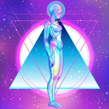 Portrait of robot android woman in retro futurism style. Vector illustration . of a cyborg in glowing neon bright colors. clipart