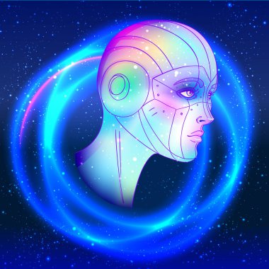Robot android kadın portresi. Geçmişe dönük fütürizm tarzında. Vektör çizimi. Parlak neon renkli bir sayborgun. 