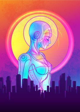 Robot android kadın portresi. Geçmişe dönük fütürizm tarzında. Vektör çizimi. Parlak neon renkli bir sayborgun resmi. Gelecekçi sentetik dalga el ilanı şablonu.
