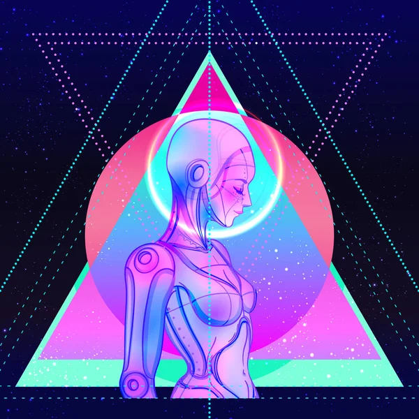 Portrait de robot androïde femme dans le style rétro futurisme. Illustration vectorielle. d'un cyborg aux couleurs lumineuses fluo. modèle de flyer vague synthé futuriste. — Image vectorielle