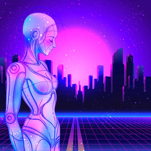 Portrait de robot androïde femme dans le style rétro futurisme. Illustration vectorielle. d'un cyborg aux couleurs lumineuses fluo. modèle de flyer vague synthé futuriste. — Image vectorielle