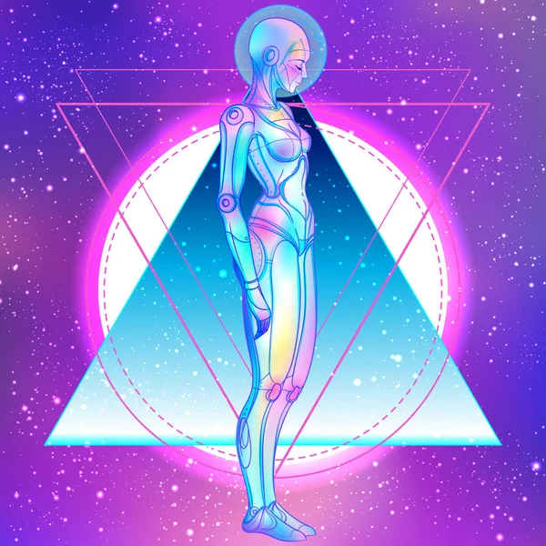 Portrait de robot androïde femme dans le style rétro futurisme. Illustration vectorielle. d'un cyborg aux couleurs lumineuses fluo . — Image vectorielle