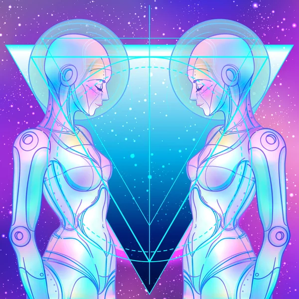 Retrato de mujer androide robot en estilo futurista retro. Ilustración vectorial. de un cyborg en colores brillantes de neón brillante. plantilla de volante de onda sintética futurista. Tecnología cibernética. — Vector de stock