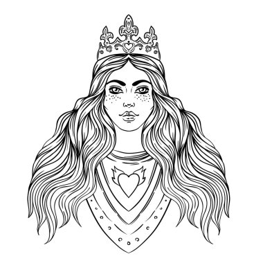 Portrait of beautiful girl with a crown. Female knight in armour. Vector illustration. Medieval aesthetics. Girl power. Joan of Arc inspired. clipart