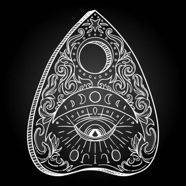 Heart-shaped planchette for spirit talking board. Vector isolated illustration in Victorian style. Mediumship divination equipment. flash tattoo drawing. Spirituality, occultism. clipart