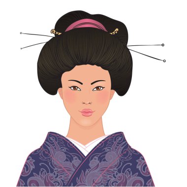 Kimonolu güzel Japon kadın, geleneksel elbise, pembe çiçekli sakura arka planda. Vektör illüstrasyonu.