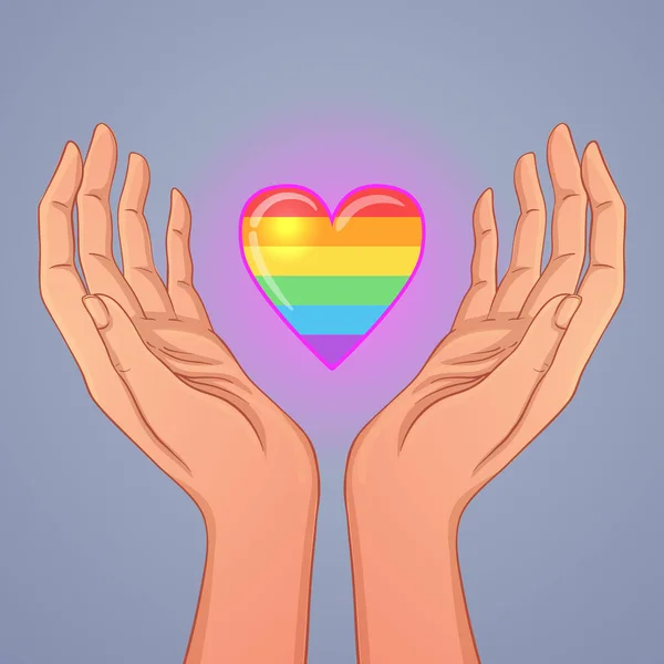 Две открытые руки, поднятые вверх, держат радужное сердце. Гей Прайд ЛГБТ-концепция. Цветная иллюстрация векторного стиля . — стоковый вектор