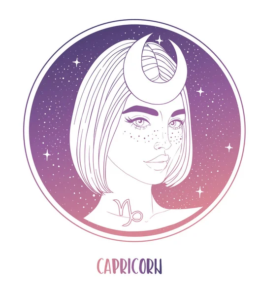 Ілюстрація астрологічного знаку Козерога як красивої дівчини. Зодіак Векторні ілюстрації ізольовані на білому. Майбутнє, гороскоп, алхімія, духовність, окультизм — стоковий вектор