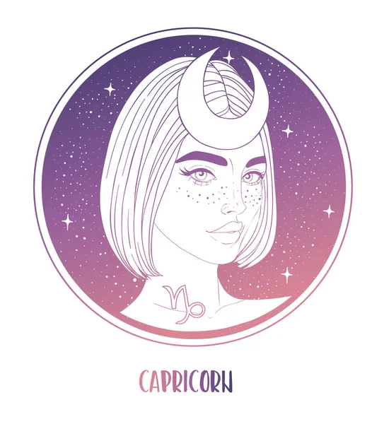 Ilustración de Capricornio signo astrológico como una hermosa niña. Ilustración vectorial del zodíaco aislada en blanco. Futuro narrativo, horóscopo, alquimia, espiritualidad, ocultismo — Vector de stock