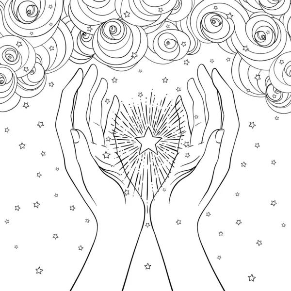 Female hands open around magic star. New World Order. Hand-drawn alchemy, religion, spirituality, occultism. Vector illustration isolated. — Stock Vector