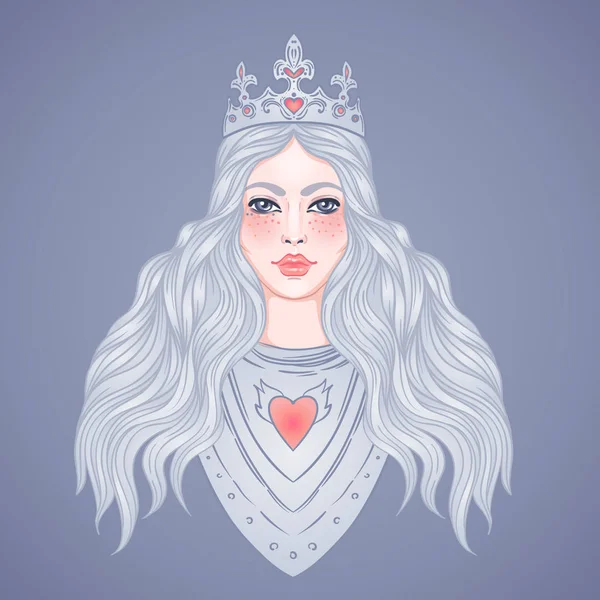Portrait of beautiful girl with a crown. Female knight in armour. Vector illustration. Medieval aesthetics. Girl power. Joan of Arc inspired. — Stock Vector