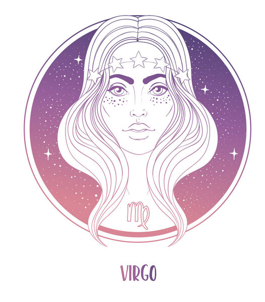 Illustration of Virgo astrological sign as a beautiful girl. Zodiac vector illustration isolated on white. Future telling, horoscope, alchemy, spirituality, occultism