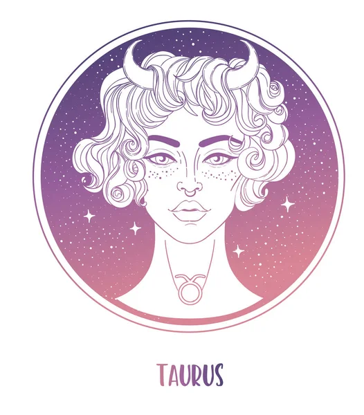 Illustration av Taurus astrologiska tecken som en vacker flicka. Zodiac vektor illustration isolerad på vitt. Framtida berättande, horoskop, alkemi, andlighet, ockultism — Stock vektor