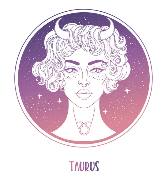 Illustration du signe astrologique du Taureau comme une belle fille. Illustration vectorielle du zodiaque isolée sur blanc. Raconter l'avenir, horoscope, alchimie, spiritualité, occultisme — Image vectorielle