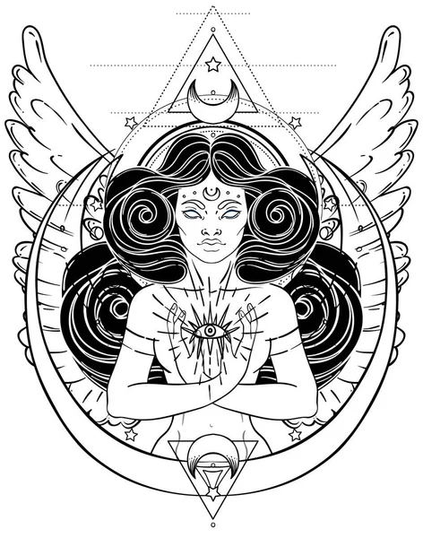 Donna magica afroamericana che tiene tutti gli occhi aperti con i raggi. Illustrazione vettoriale. Misteriosa ragazza nera su simboli di geometria sacra e ali. Alchimia, religione, spiritualità, occultismo — Vettoriale Stock