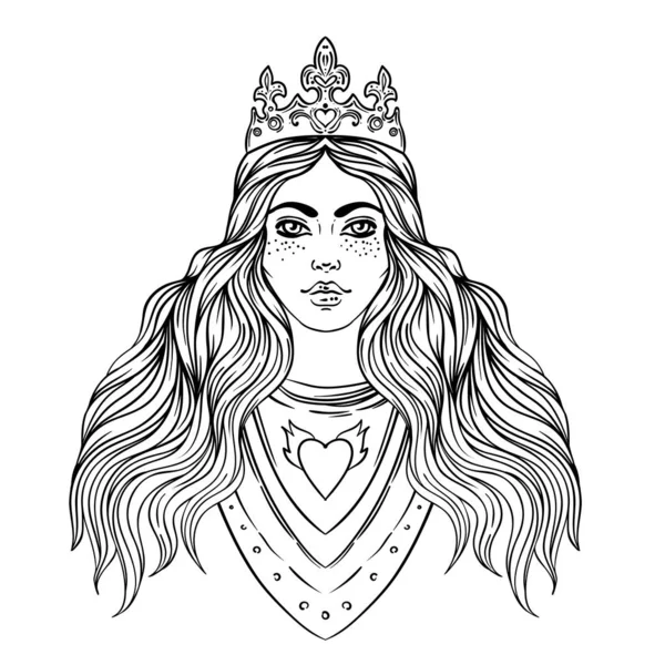 Potret gadis cantik dengan mahkota. Ksatria berbaju baja wanita. Vektor ilustrasi. Estetika abad pertengahan. Kekuatan wanita. Joan of Arc terinspirasi  . Stok Vektor Bebas Royalti