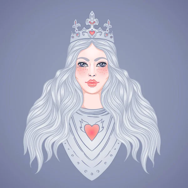 Potret gadis cantik dengan mahkota. Ksatria berbaju baja wanita. Vektor ilustrasi. Estetika abad pertengahan. Kekuatan wanita. Joan of Arc terinspirasi  . Stok Ilustrasi Bebas Royalti