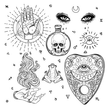 Witchcraft set of vector isolated illustrations in Victorian style. Hand, planchette, skull, eyes. Mediumship divination equipment. Alchemy, religion, spirituality, occultism. clipart