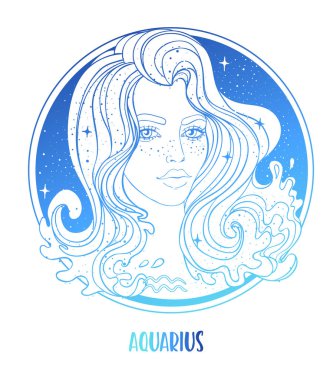Kova burcunun güzel bir kız olarak resmedilmiş hali. Zodiac vektör çizimi beyaza izole edildi. Gelecek anlatımı, yıldız falı, simya, maneviyat, okültizm