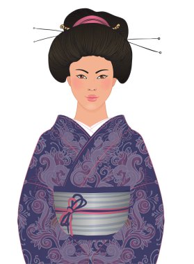 Kimonolu güzel Japon kadın, geleneksel elbise, pembe çiçekli sakura arka planda. Vektör illüstrasyonu.
