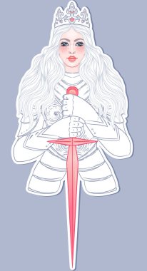 Kılıcı ve tacı olan güzel bir kızın portresi. Zırhlı kadın şövalye. Vektör çizimi. Ortaçağ estetiği. Kız gücü. Joan of Arc 'ın ilham kaynağı.