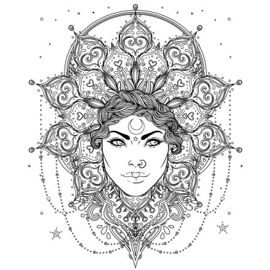 Kabile Füzyon Boho Tanrıçası. Süslü tacı olan güzel ilahi diva kız, Kokoshnik 'ten esinlenilmiştir. Bohem tanrıça. Elle çizilmiş zarif bir illüstrasyon. Nilüfer çiçeği, etnik sanat, şal deseni..