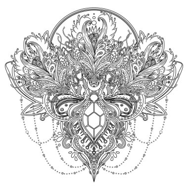 Vektör süsleme unsuru, etnik sanat, desenli Hint desenli şal deseni. El çizimi çizimi. Davetiye elemanı. Dövme, astroloji, simya, boho ve sihirli sembol.