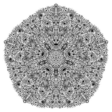 Hipnotik şamanik asit deseni. Etnik Hint tarzında elle çizilmiş tasarım. Mistik soyut arka plan, hippi ve boho dokusu.