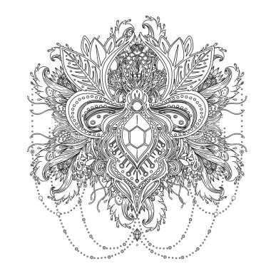 Vektör süsleme unsuru, etnik sanat, desenli Hint desenli şal deseni. El çizimi çizimi. Davetiye elemanı. Dövme, astroloji, simya, boho ve sihirli sembol.