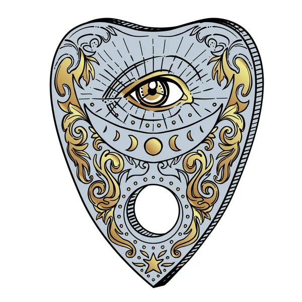 Hartvormige planchette voor spraakbord. Vector isoleerde illustratie in Victoriaanse stijl. Mediumship waarzeggerij apparatuur. Flash tatoeage tekening. Spiritualiteit, occultisme. — Stockvector