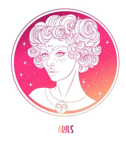 Illustratie van Ram astrologisch teken als een mooi meisje. Dierenriem vector illustratie geïsoleerd op wit. Toekomstvoorspellingen, horoscoop, alchemie, spiritualiteit, occultisme — Stockvector