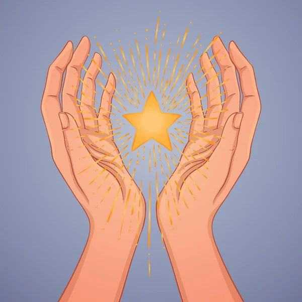 Weibliche Hände öffnen sich um den magischen Stern. Neue Weltordnung. handgezeichnete Alchemie, Religion, Spiritualität, Okkultismus. Vektorabbildung isoliert. — Stockvektor