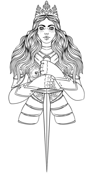 Retrato de menina bonita com uma espada e coroa. Cavaleiro de armadura. Ilustração vetorial. Estética medieval. Poder feminino. Joana d 'Arc inspirado . — Vetor de Stock