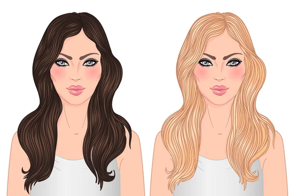 Twee vector vrouwen, blond en brunette met lang haar geïsoleerd op wit. Jonge blanke meisjes. — Stockvector