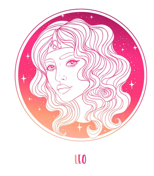 Illustration of Leo astrological sign as a beautiful girl. Zodiac vector illustration isolated on white. Future telling, horoscope, alchemy, spirituality, occultism — Stock Vector