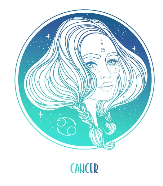 Ілюстрація астрологічного знаку раку як красивої дівчини. Зодіак Векторні ілюстрації ізольовані на білому. Майбутнє, гороскоп, алхімія, духовність, окультизм — стоковий вектор