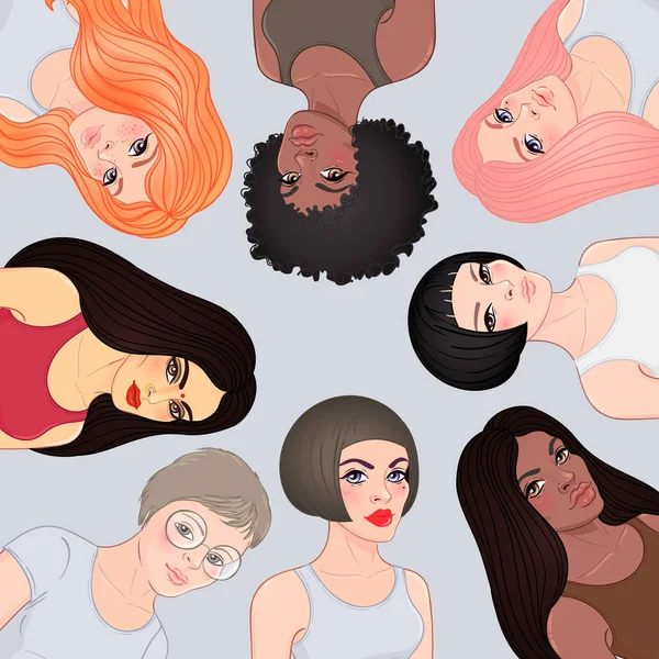 Girl Power. Female diverse faces of different ethnicity. Women empowerment movement. Isolated illustration in vector. — Stock Vector