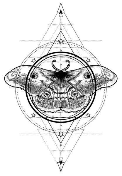 Polilla blanca y negra sobre signo de geometría sagrada, ilustración vectorial aislada. Flash de tatuaje. Símbolos místicos e insectos. Alquimia, ocultismo, espiritualidad, libro para colorear. — Archivo Imágenes Vectoriales