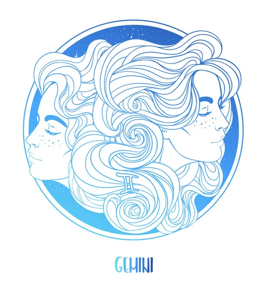 Illustration of Gemini astrological sign as two beautiful girls. Zodiac vector illustration isolated on white. Future telling, horoscope, alchemy, spirituality, occultism, — 스톡 벡터