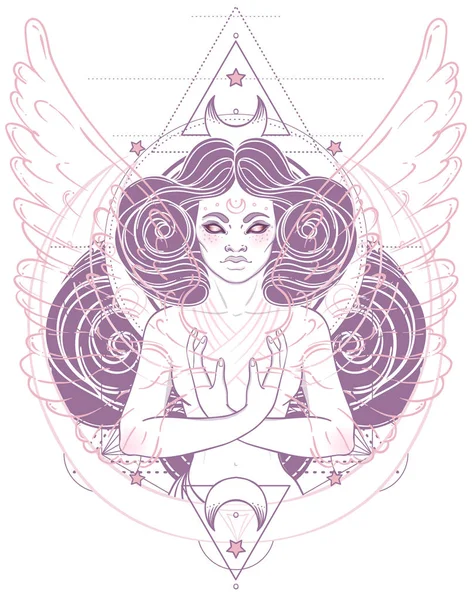 African American magic woman holding all seeing eye with rays. Vector Illustration. Mysterious black girl over sacred geometry symbols and wings. Alchemy, religion, spirituality, occultism — Stock Vector