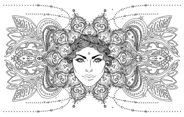 Tribal Fusion Boho Goddess. Beautiful divine diva girl with ornate crown, kokoshnik inspired. Bohemian goddess. Hand drawn elegant illustration. Lotus flower, ethnic art, paisley. — Stock Vector