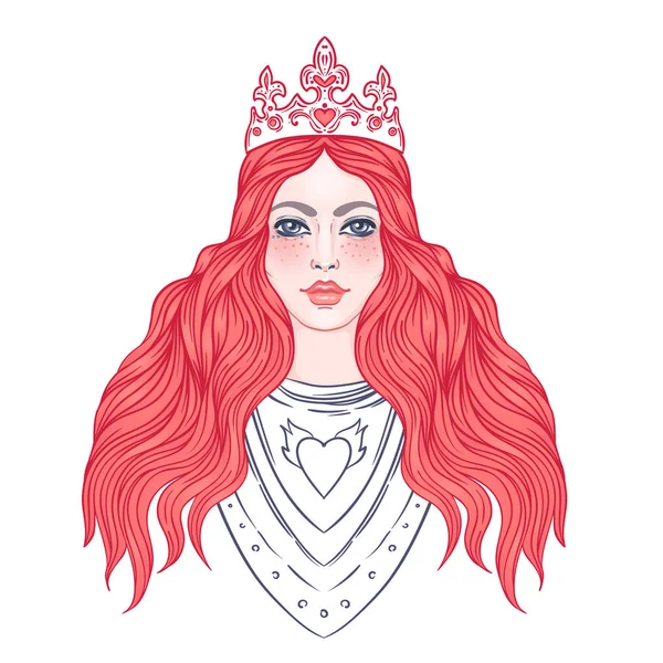 Potret gadis cantik dengan mahkota. Ksatria berbaju baja wanita. Vektor ilustrasi. Estetika abad pertengahan. Kekuatan wanita. Joan of Arc terinspirasi  . Grafik Vektor